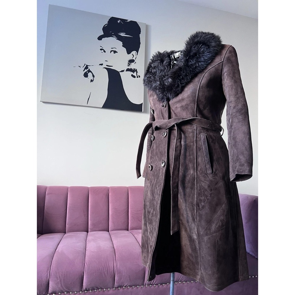 Vintage Brown Suede Faux Fur Collar Trench Coat Double Breasted Belted Midi